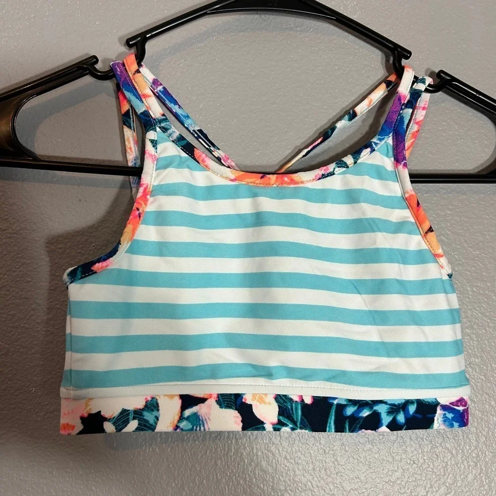 Ideology Big Girl's Striped Criss Cross Back Floral Trim Bikini Top Size M